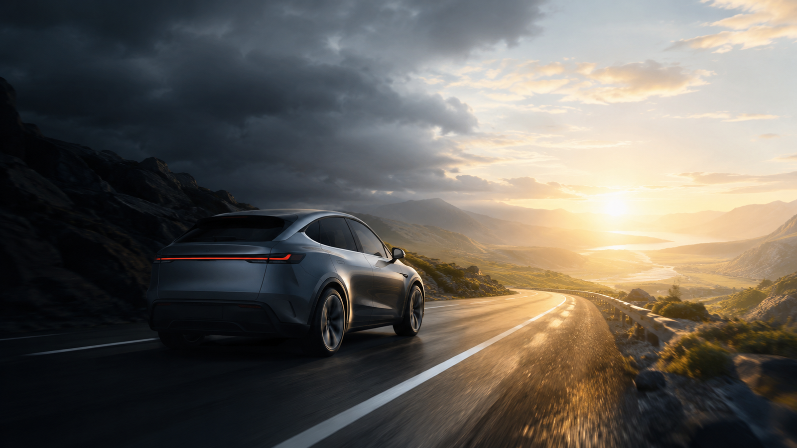 A silver SUV driving along a winding mountain highway at sunset, with dramatic clouds overhead and a valley lit by golden light in the distance