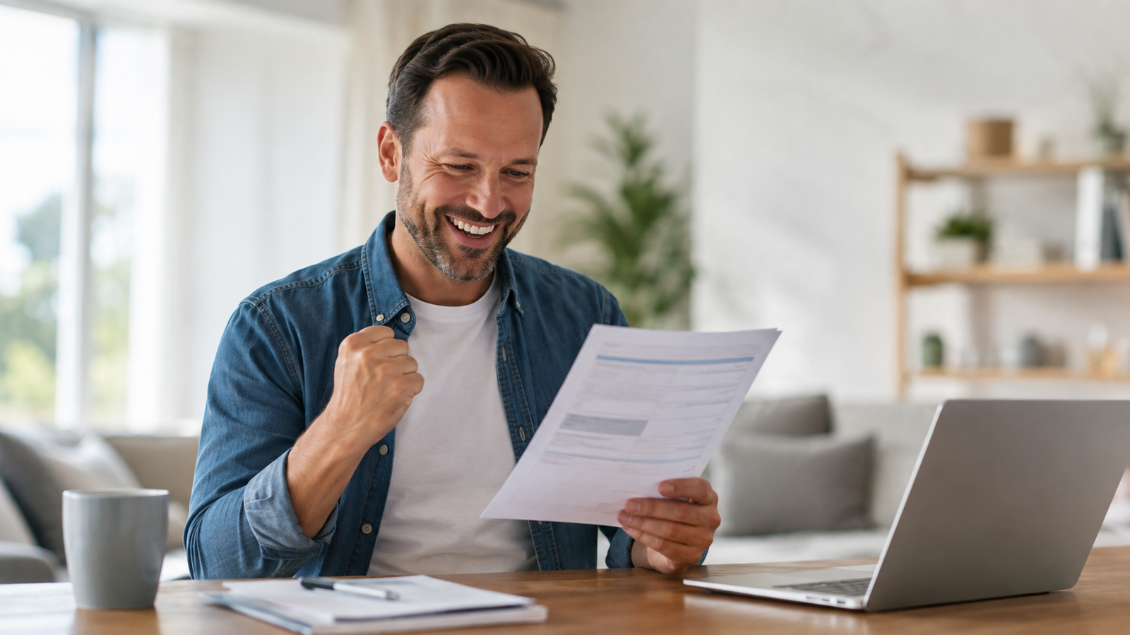 A smiling middle-aged man in a denim shirt sitting at a wooden table in a bright living room, reviewing a printed statement in one hand with a laptop, coffee mug, and notepad nearby